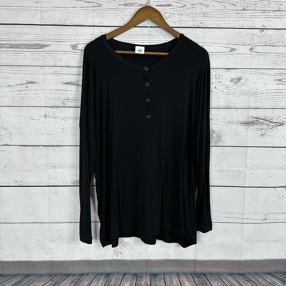 CAbi Shine Henley Tee Womens Medium Black Shirt Top Long Sleeve Oversized 3624